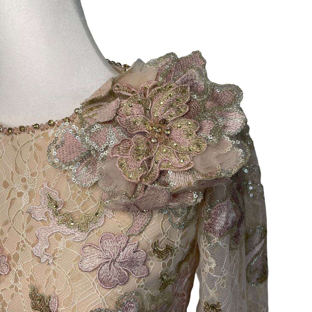 NWOT Mac Duggal blush long sleeve floral applique trumpet style gown - 6 - Picture 3 of 16